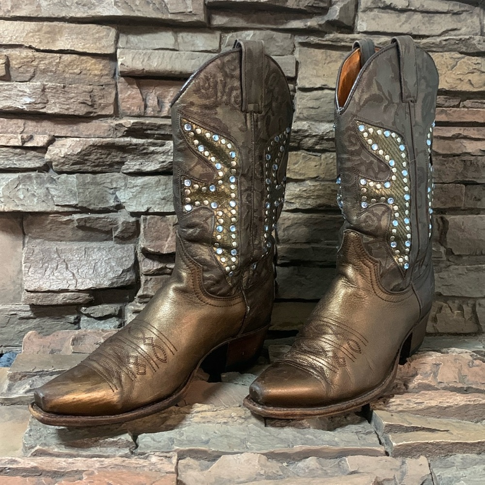 $429 Frye Daisy Duke Sparkly Metallic Bronze Tan Rhinestone Pull-On Boots 7